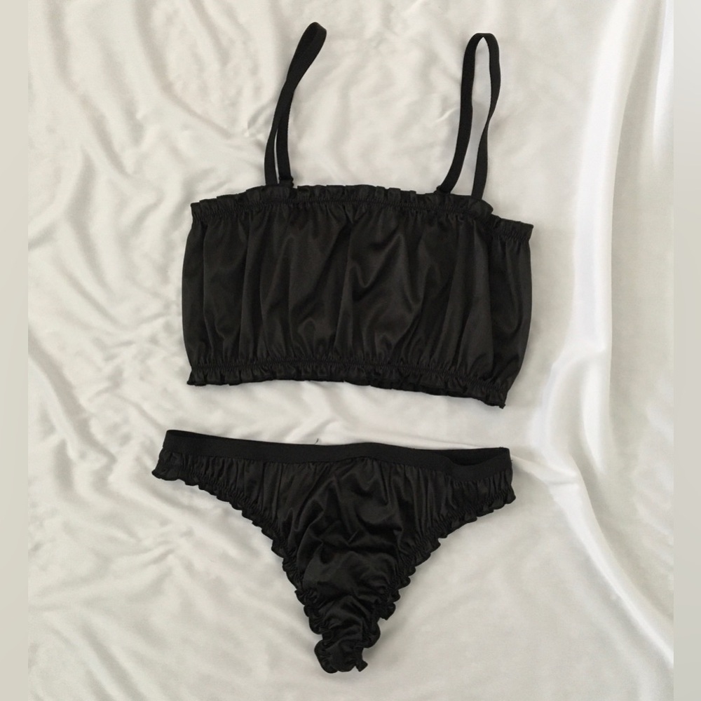 BP Black satin lingerie set with ruffled trim